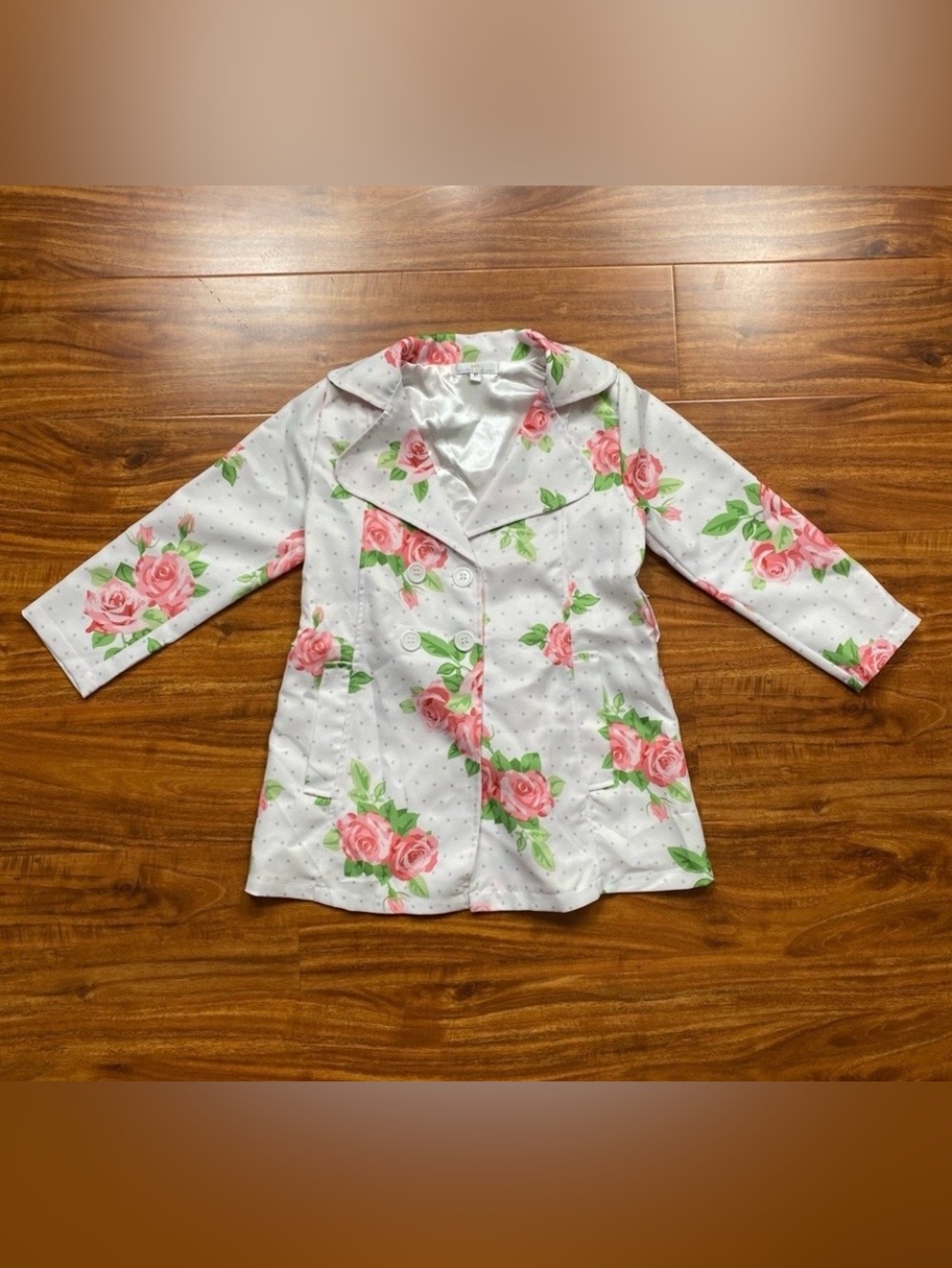 Baileys Blossoms Girls White Pink Floral Polka Dot Collared Trench Jacket 5T